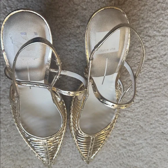 🆕 Dolce Vita Distressed Gold Strap Cage Leather Slingback Pointed Toe Heels 9.5 - Picture 13 of 17